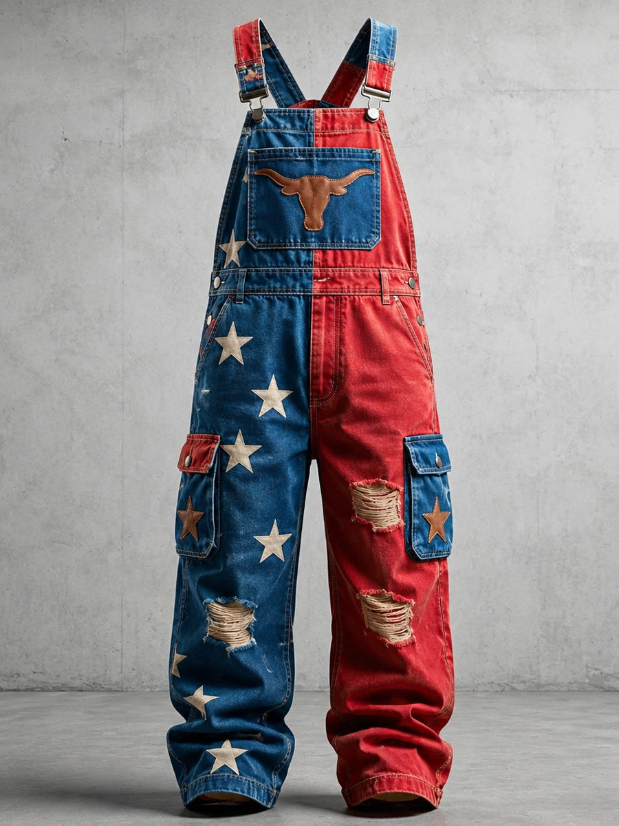Men's Retro Style Art Print Vintage Casual Washed Cotton Denim Patchwork Jumpsuit